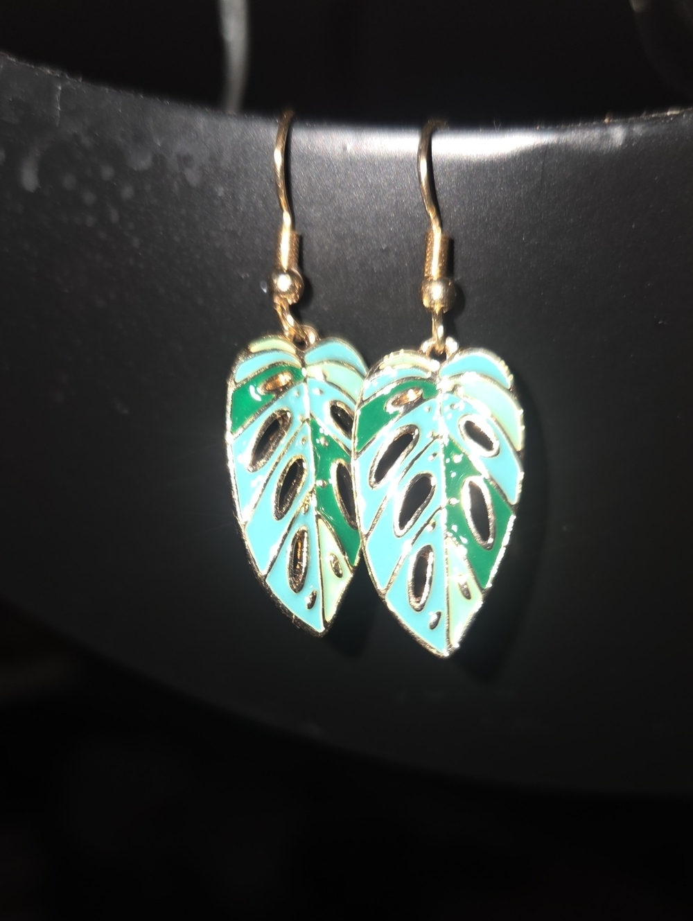 Gold-Tone Green Leaf Dangle Earrings - Tropical Enamel Accent